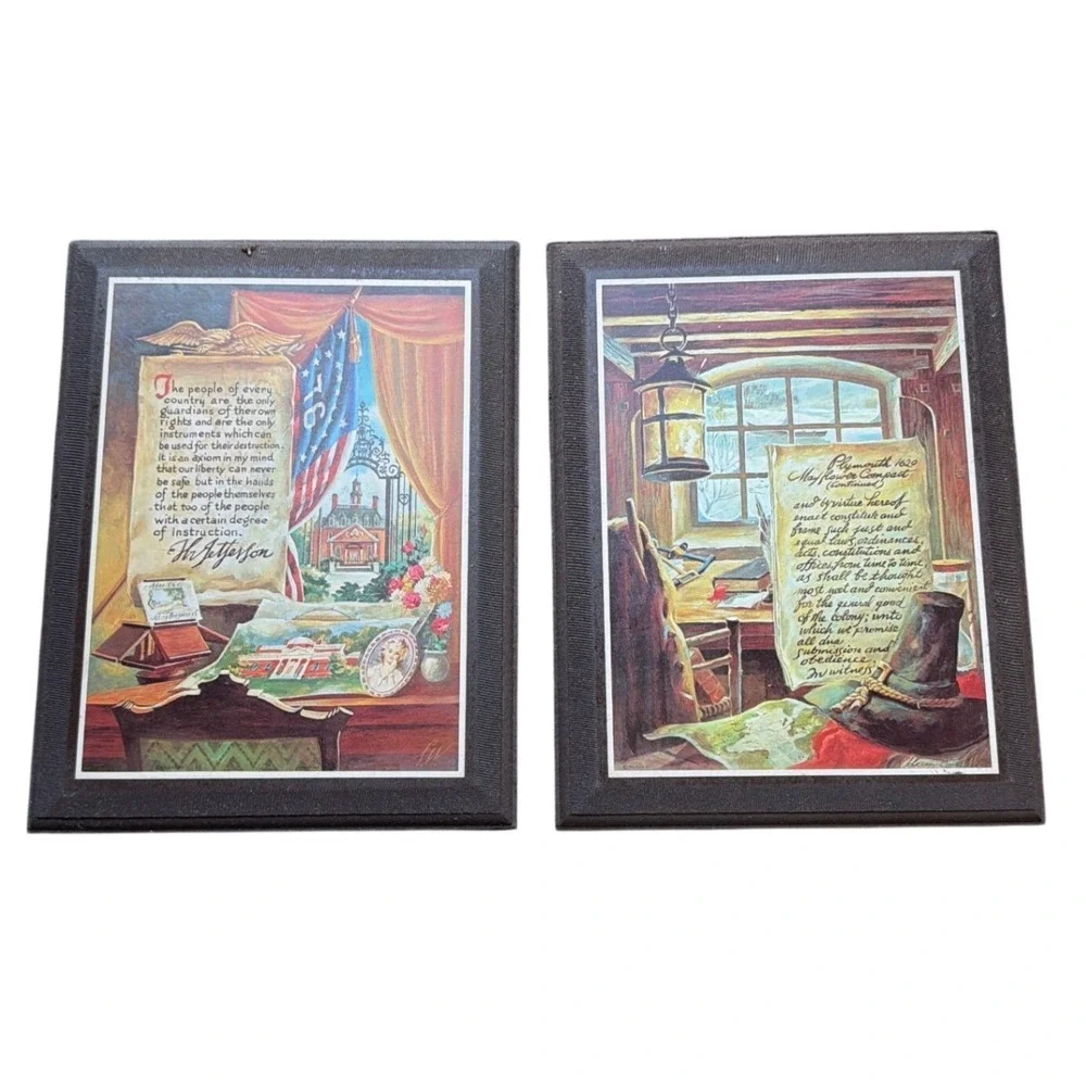 Set of 2 Vintage Patriotic Wall Decor Thomas Jefferson Plymouth Colony Americana
